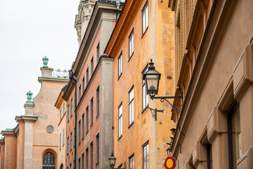 Facades of old houses on the streets in Gamla Stan, Stockholm, Sweden.