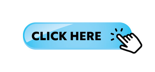 Click here button with hand clicking icon. 3d shiny style vector.