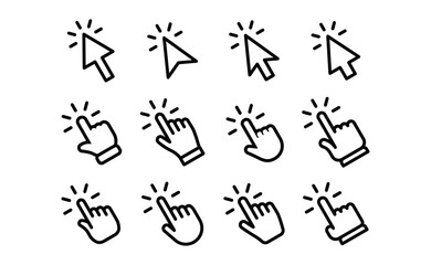 Clicking icons collections. Hand and arrow click icon. Cursor set.