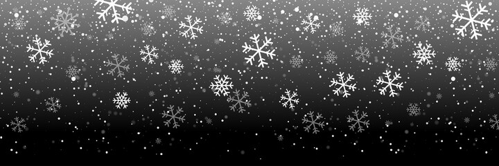 Naklejka na ściany i meble Falling snow on a black background. Snow. Snowfall, snowflakes in different shapes and forms. Snowfall isolated on transparent background. Vector illustration