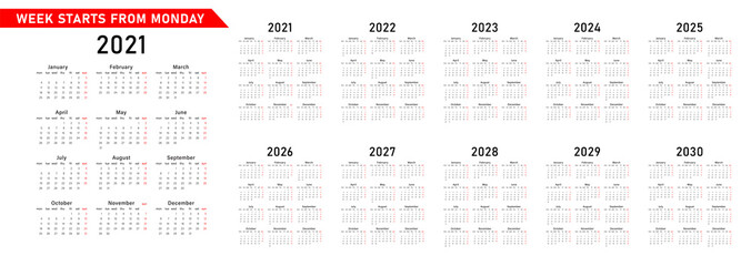 Mega calendar on 2021, 2022, 2023, 2024, 2025, 2026, 2027 , 2028, 2029, 2030 years. Week starts from Monday. Calendar layout. Stationery template. Yearly organizer for weeks in minimal design.