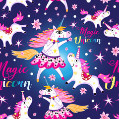 Seamless bright pattern with unicorns and stars