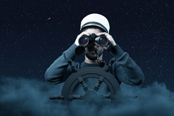 helmsman with binoculars and cap over clouds viewing to the starry sky