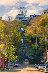 Funicular outside elevator in the Midwest bluffs overlooking the Mississippi River