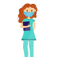 Young nurse dressed in uniform and mask holding a dark blue folder with documents isolated on white background.