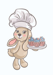 A cute bunny cook stands with a plate of cakes. Cartoon character isolated on white background.