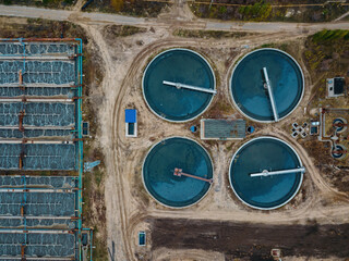 Modern sewage treatment plant, top view from drone