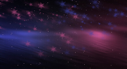 Dark neon abstract winter background with snowflakes. Smooth lines, snowflakes in motion. Winter snowy Christmas abstract background.