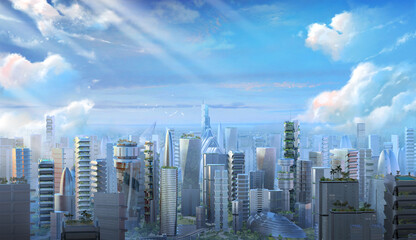 A 3D illlustrated vista of a futuristic city downtown, with greenery and parks, an ecological vision of the future of cities. © alexmonge