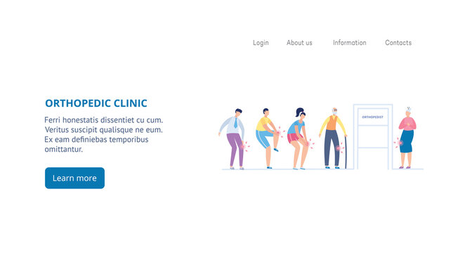 Orthopedic clinic web banner with patients in queue, flat vector illustration.