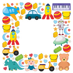 Fototapeta premium Vector pattern with the collection of toys. Doll, submarine, plane, ship. Children and kindergarten illustration.