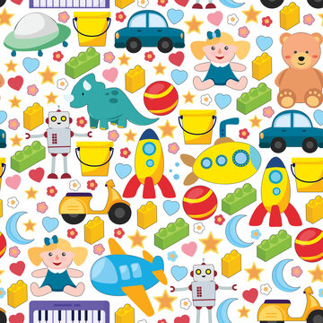 Seamless vector pattern with the collection of toys. Doll, submarine, plane, ship. Children and kindergarten illustration.