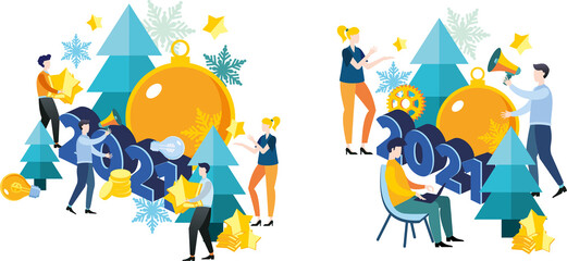 Naklejka premium New year's business illustration 2021. Flat design. A group of people, men and women, employees and colleagues are preparing for the new year 2021. Big Christmas tree toy. Christmas tree.