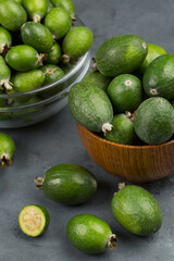 Feijoa fruits in studio at black background