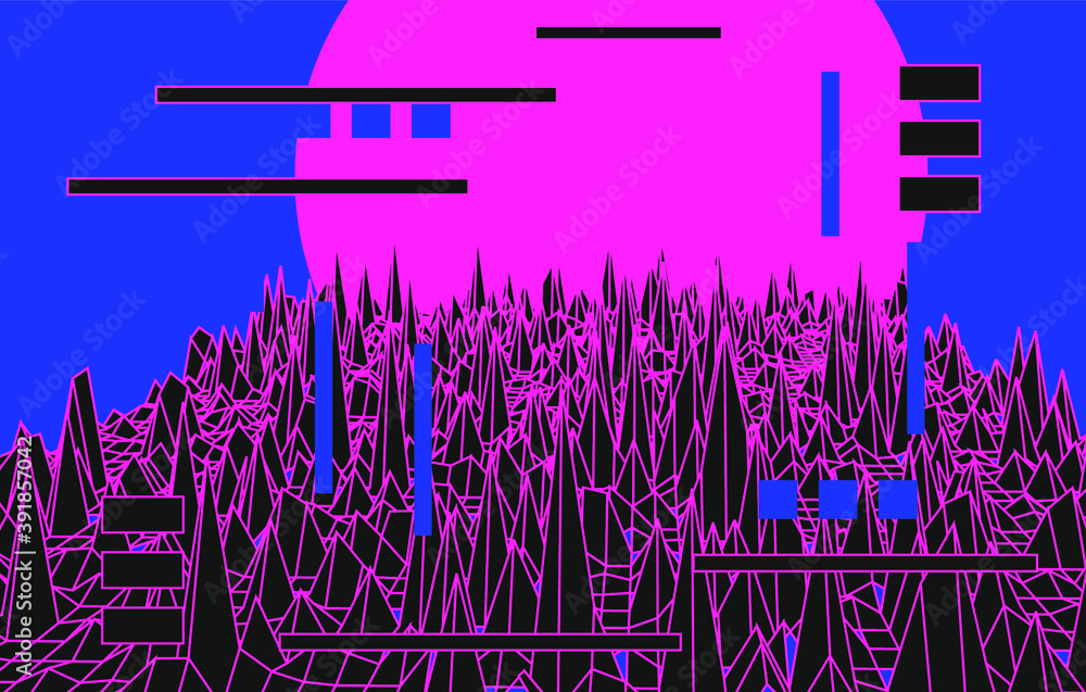 Poster Synthwave style retro landscape with glitched and distorted grid. Retrowave and vaporwave neon aesthetics like il old computer video games of 80's-90's.