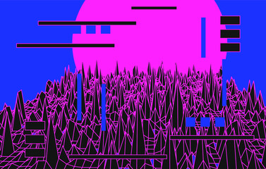 Synthwave style retro landscape with glitched and distorted grid. Retrowave and vaporwave neon aesthetics like il old computer video games of 80's-90's.