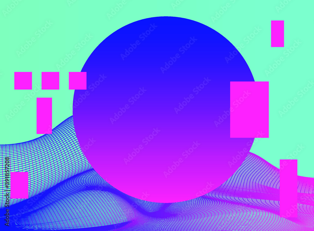 Poster synthwave style retro landscape with glitched and distorted grid. retrowave and vaporwave neon aesth