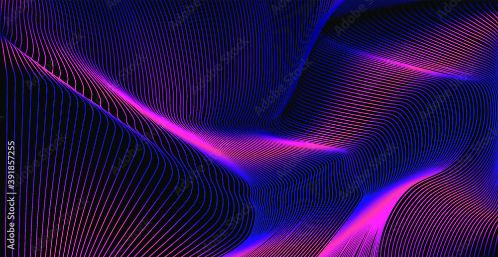 Aufkleber glowing neon holographic grid, glitched wavy surface. abstract science and technology background.