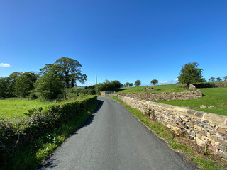 Looking along, Stirton Lane, with dry stone walls, trees, and a vivid blue sky in, Stirton, Skipton, UK