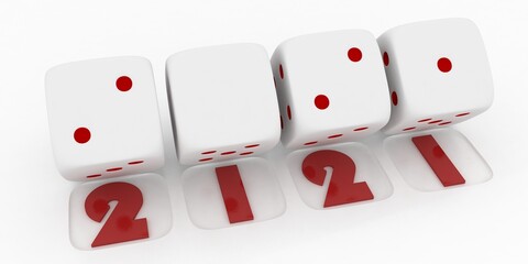 2021 Merry Christmas and Happy New Year ,3d render of a white dice on white  background