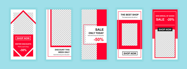 Shopping campaign editable templates set for Instagram stories. Shop now, discount promo, advertising kit. Design for social networks. Insta story mockup with free copy space vector illustration.