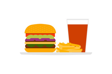 Fast food menu illustration icon. Burger, fries and a drink. Isolated on a white background. Vector.