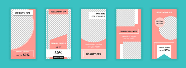 Beauty salon editable templates set for Instagram stories. Wellness center special offer, spa procedures. Trendy design for social networks. Insta story mockup with free copy space vector illustration