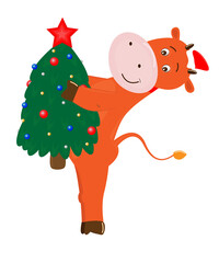 Illustration bull holding a Christmas tree