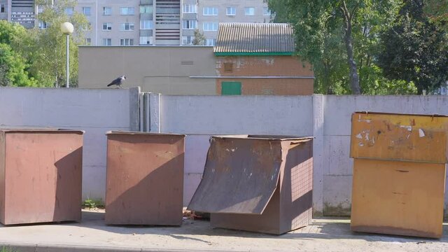 row of metal garbage bins standing on sidewalk at city street outside