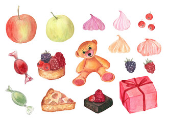 Cute set of the small bear, sweets, apples and berries. Watercolor hand-drawn elements on a white isolated background. Nice collection for parties decor, scrapbooking, stickers and more. 