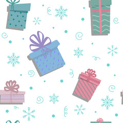 Gift box seamless pattern on white background. Seamless  Pattern with presents. For fabric pattern, background, wrapping paper, bed linen.
