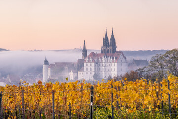Medieval Albrechtsburg castle and gothic cathedral in Meissen town on Elbe river, Saxony, Germany....