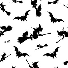 Fototapeta na wymiar Witch on the broom - seamless pattern - vector, Halloween pattern black witch silhouette flying on broom
