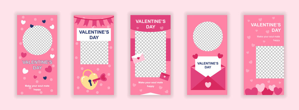 Valentines day editable templates set for Instagram stories. Romantic love and amorous relationships layouts. Design for social networks. Insta story mockup with free copy space vector illustration.