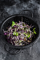 Raw radish cress sprouts  in a colander. Black background. Top view