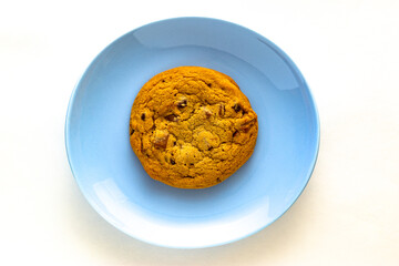 Chocolate chip cookie placed on elliptical light blue porcelain plate on white background