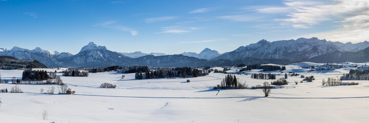 Fototapeta na wymiar panoramic landscape at winter with alps mountains in Bavaria
