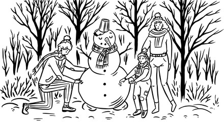 The family makes a snowman for Christmas. Mom Dad baby in the winter snowy forest. Cozy atmosphere. People in warm sweaters. Hand drawn sketch. Vintage engraved illustration
