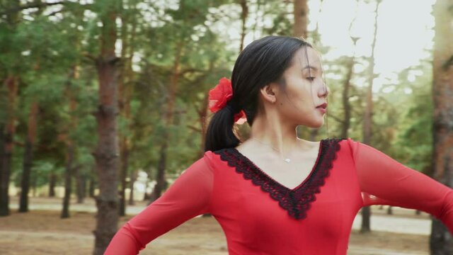 Close up of young asian woman are dancing Traditional Spanish dance in summer forest