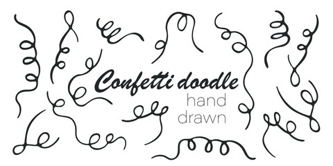 Set of cute hand-drawn confetti doodles. Abstract geometric shapes of ribbons and candy. Vector illustration