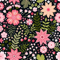 Tuinposter Pink flowers and green leaves on black background. Cute floral ditsy seamless pattern. Textile print, fabric swatch, wrapping paper. © Happy Dragon