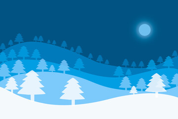 Christmas background with Christmas trees and moon on a blue background.