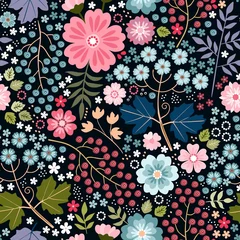 Badezimmer Foto Rückwand Floral ditsy seamless pattern with colorful flowers, leaves and berries. Perfect for fabrics, textile, wrapping paper, wallpaper. © Happy Dragon