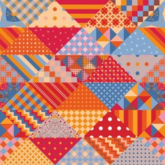 Fototapeta premium Colorful seamless patchwork pattern from triangle patches with abstract ornaments.