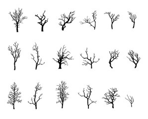 Fototapeta premium Collection of trees silhouettes without leaves isolated on white background. Black twisted branches. Illustration.