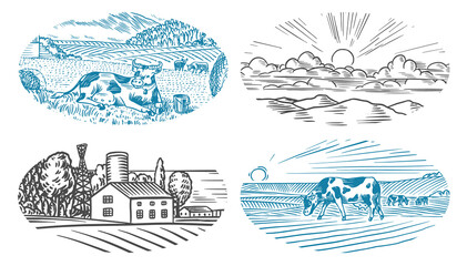 Rural meadow. A village landscape with cows, hills and a farm. Sunny scenic country view. Hand drawn engraved sketch. Vintage rustic banner for wooden sign or badge or label.