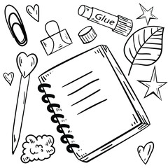 Contour vector illustration with notebook, pen, glue stick, leaf on white background. Good for printing. Coloring book ideas. Postcard and logo elements. Back to school idea.