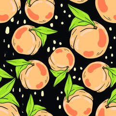 Seamless vector pattern with peach and  green leaves on black background. Wallpaper, fabric and textile design. Cute wrapping paper pattern with fruits. Good for printing.