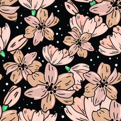 Seamless vector pattern with light beige flowers on black background. Wallpaper, fabric and textile design. Cute wrapping paper pattern with spring bouquet. Good for printing.