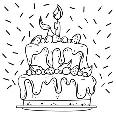 Contour vector illustration with birthday cake on white background. Coloring book idea. Hand drawn cartoon illustration. Good for printing. Illustration with delicious dessert. 